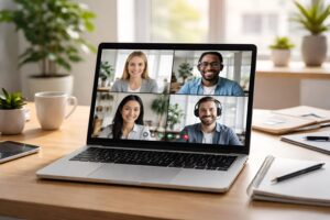 laptop screen showing four people in conversation in a virtual meeting