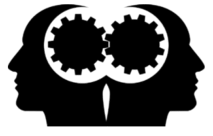 two silhouetted heads back to back, with cogs linking the heads