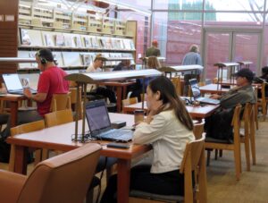 students at computers in library