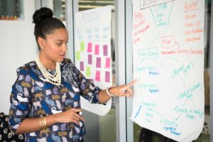 woman looking at ideas posted on a board