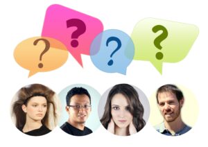 four people with question bubbles over their heads