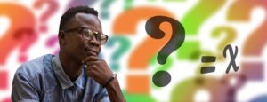 man thinking with question marks in background