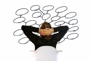 woman contemplating a mind map to be filled in