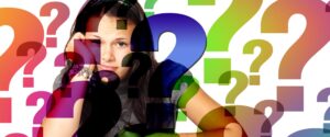 person in thought with question marks