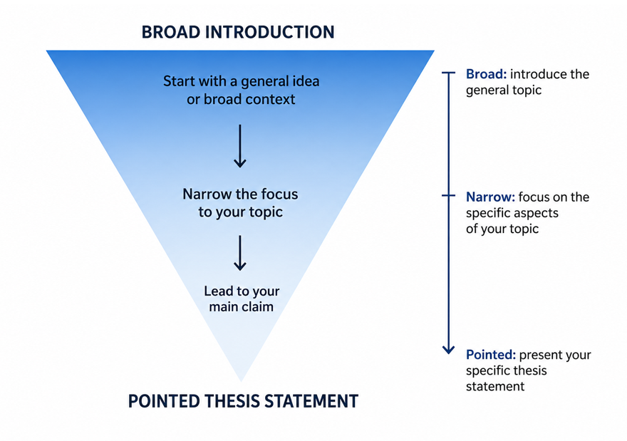 diagram of inverted triangle showing movement from broad introduction to pointed thesis in the first paragraph of an essay