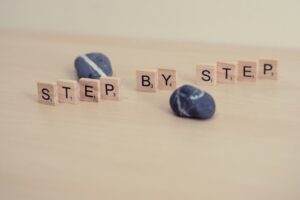 Scrabble tiles spelling out "step by step"
