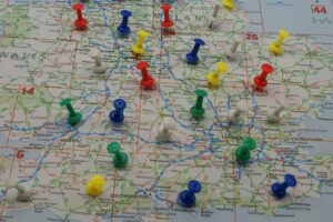 map with pushpins at different points