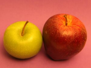 two apples, one red and one green