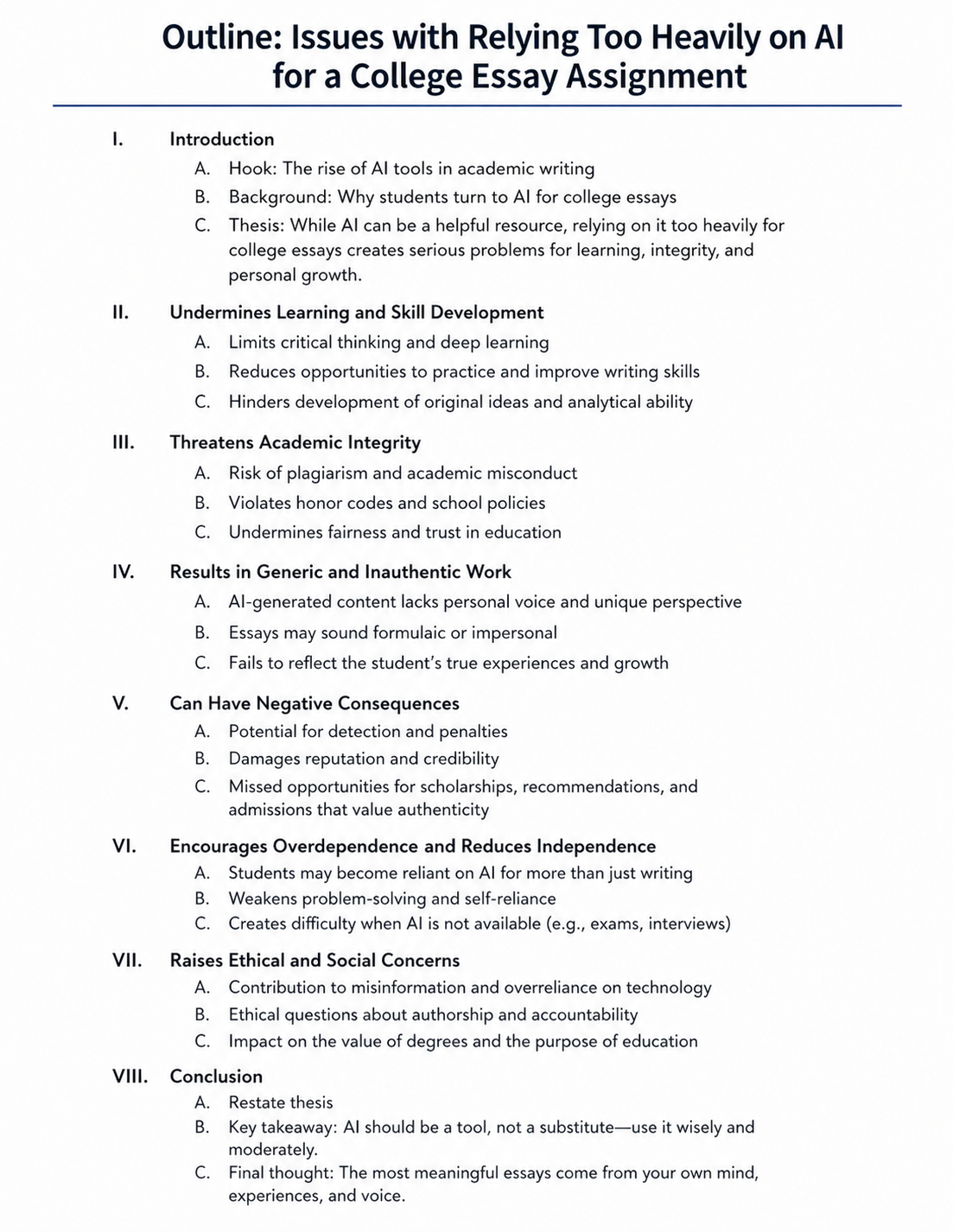 image of an outline entitled Issues with AI in Essays