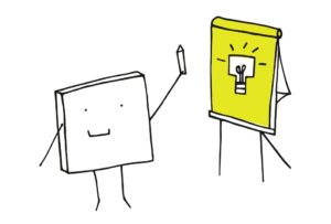cartoon of a figure holding a pencil and a flip chart with a lightbulb on it signifying an idea