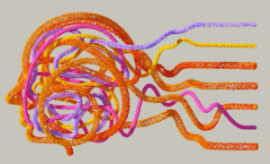 abstract shape of a human head made from pipecleaners, with wires coming out of the back of the head